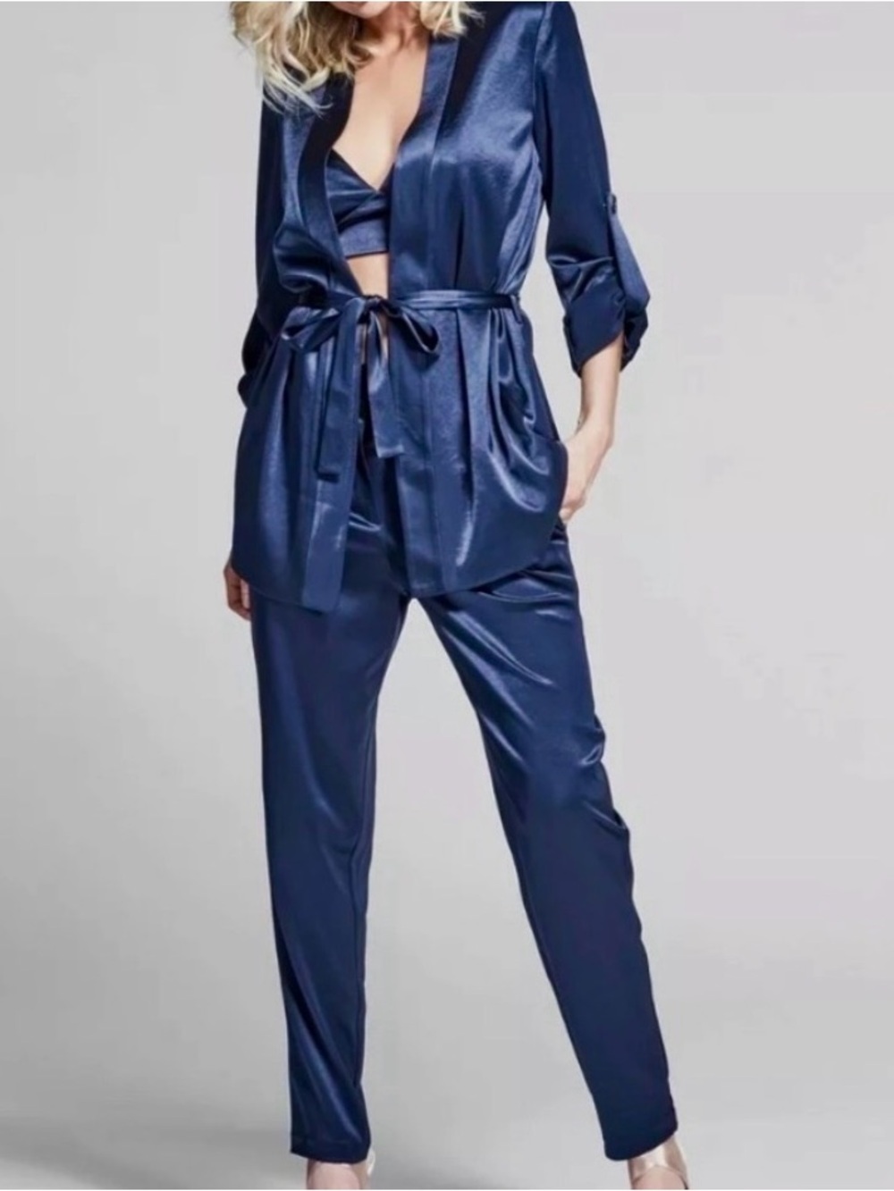 Marciano Navy Satin Belted Pant suit pants and blazer